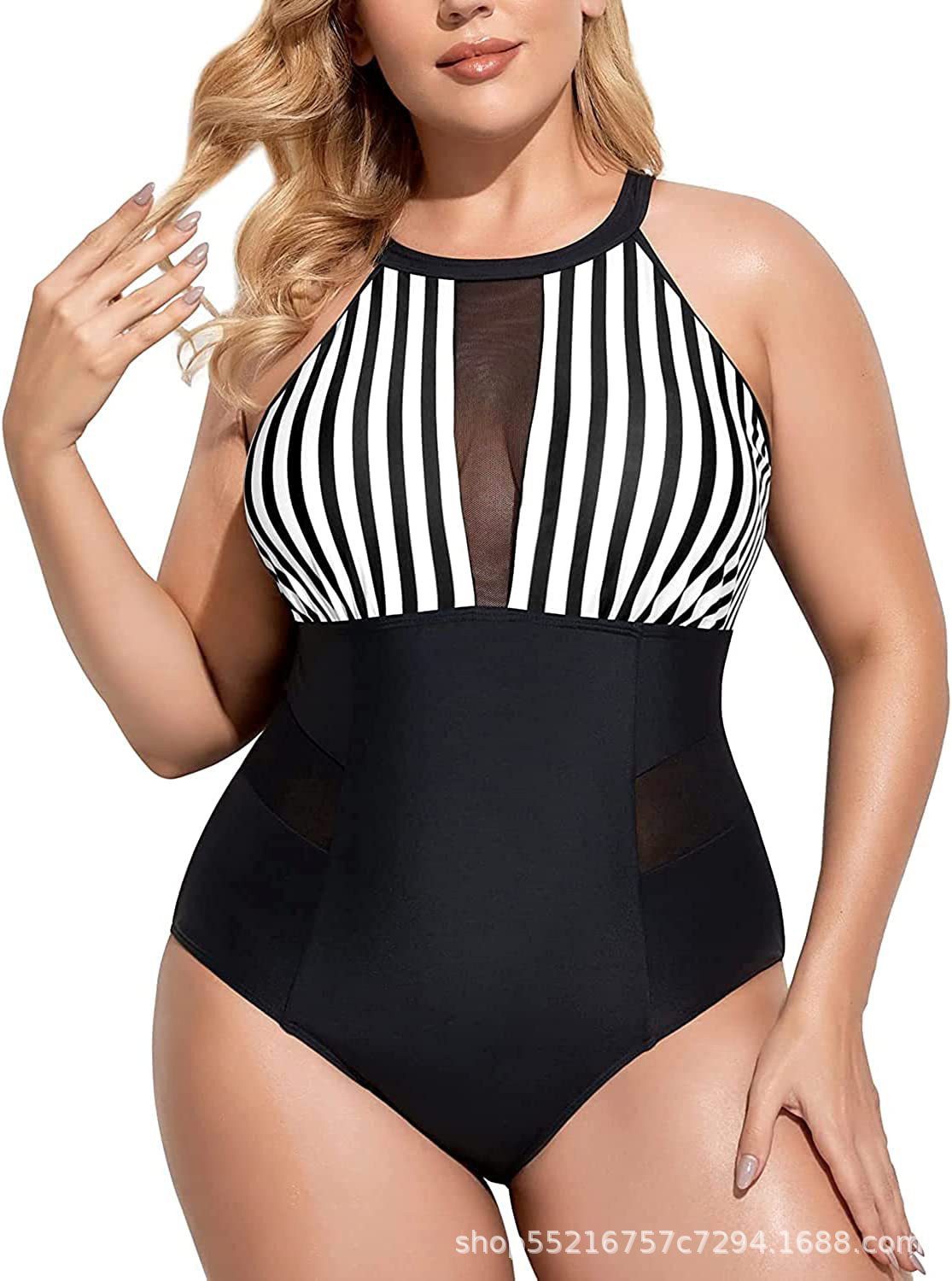 Women Plus Size One Piece Swimsuit High Neck Plunge Mesh Cut Out Bathing Suits